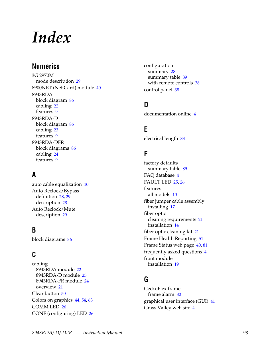 Index, Numerics | Grass Valley 8943RDA User Manual | Page 93 / 96