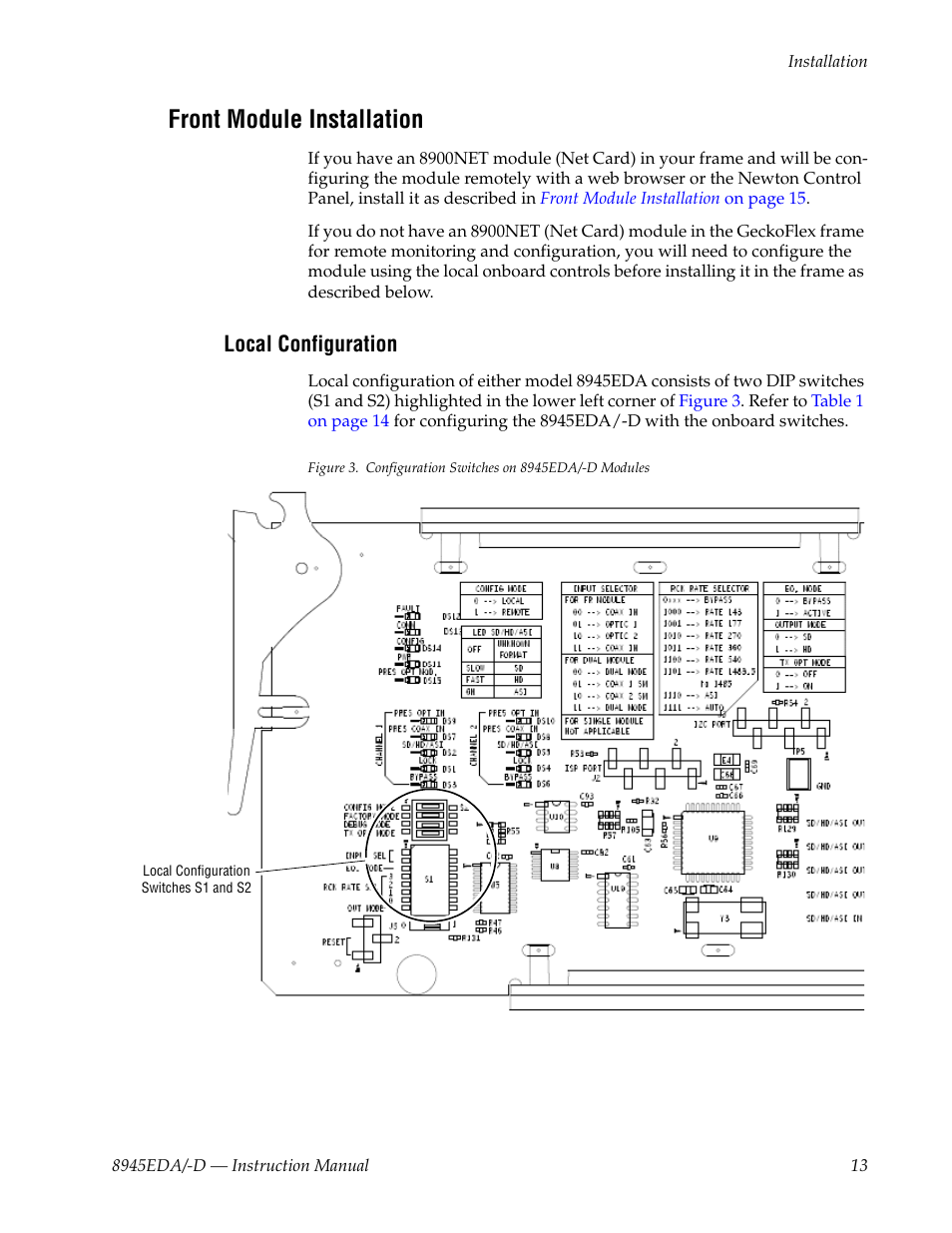 Front module installation, Local configuration | Grass Valley 8945EDA v.1.3.0 User Manual | Page 13 / 44