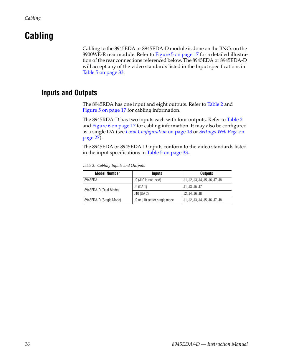 Cabling, Inputs and outputs | Grass Valley 8945EDA v.1.3.0 User Manual | Page 16 / 44