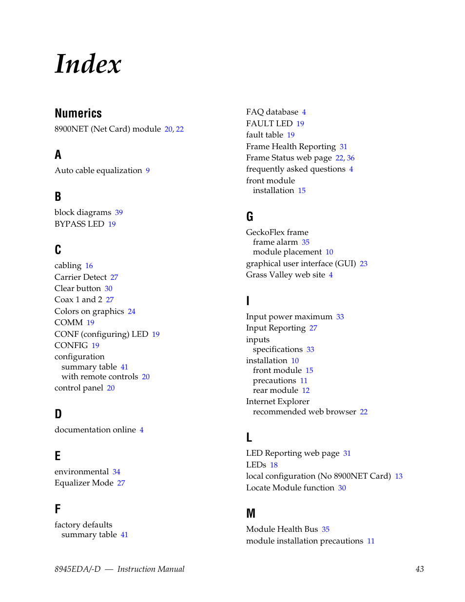 Index, Numerics | Grass Valley 8945EDA v.1.3.0 User Manual | Page 43 / 44