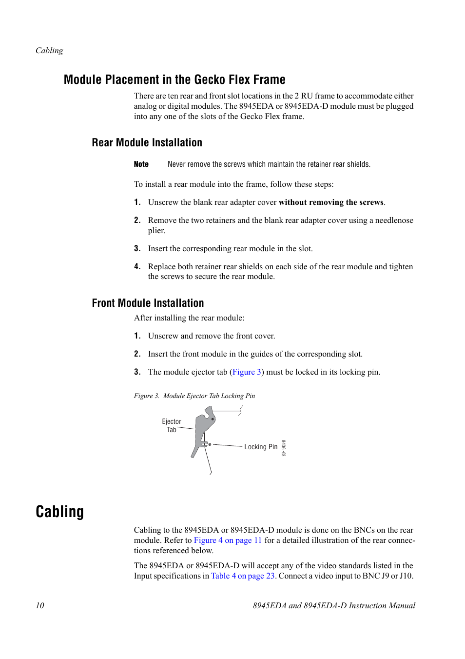 Module placement in the gecko flex frame, Rear module installation, Front module installation | Cabling | Grass Valley 8945EDA v.1.0.0 User Manual | Page 10 / 30