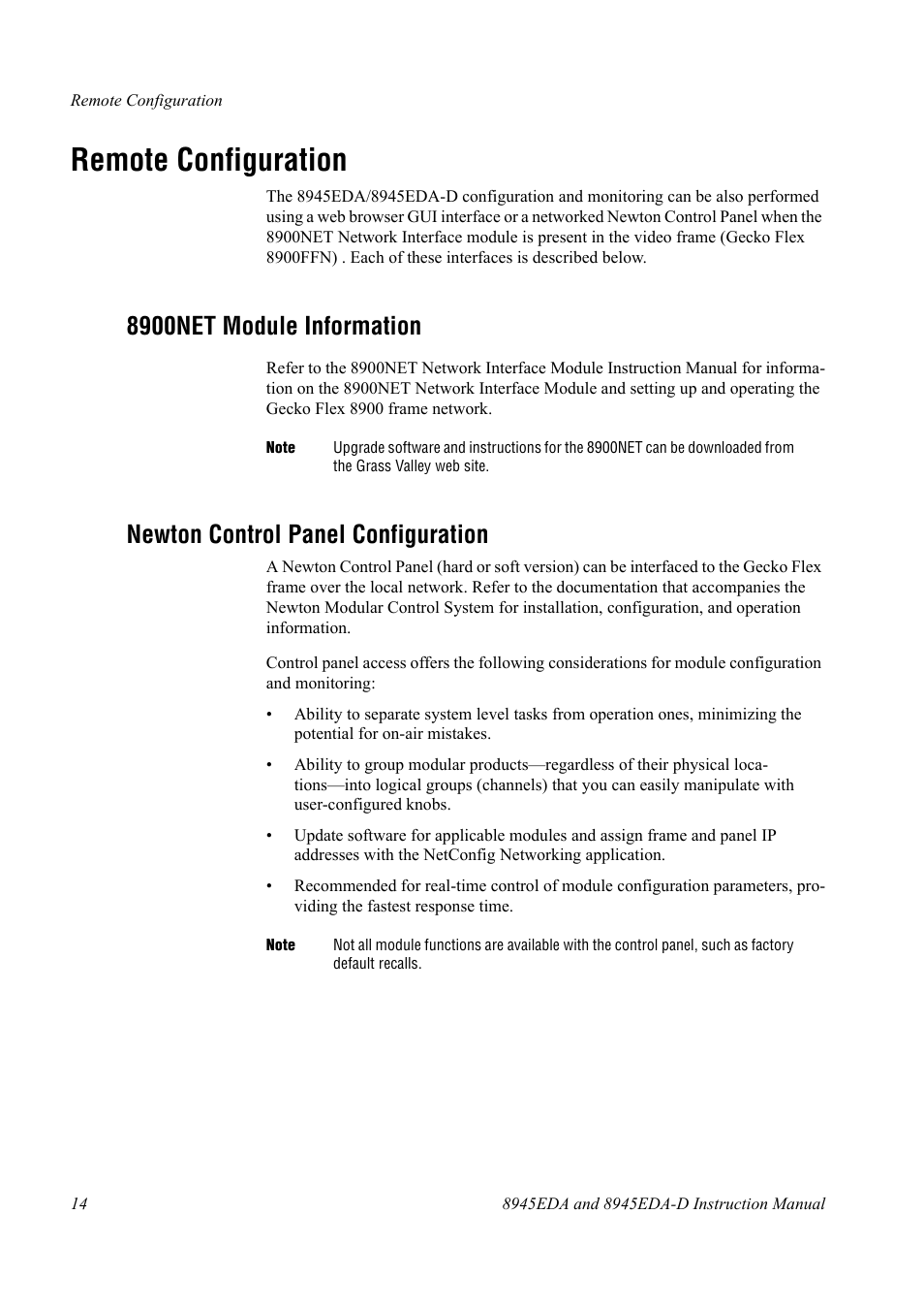 Remote configuration, 8900net module information, Newton control panel configuration | Grass Valley 8945EDA v.1.0.0 User Manual | Page 14 / 30