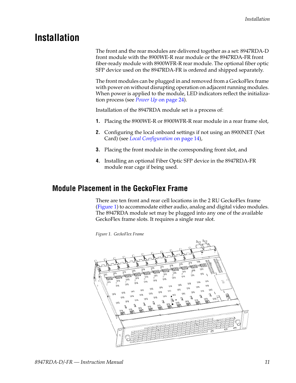 Installation, Module placement in the geckoflex frame | Grass Valley 8947RDA-D User Manual | Page 11 / 62