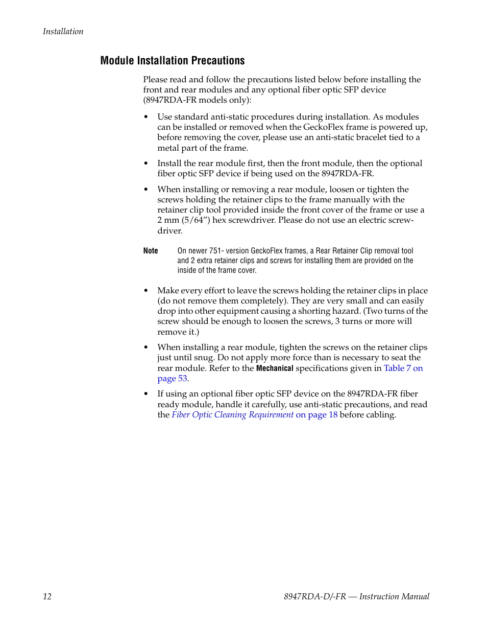 Module installation precautions | Grass Valley 8947RDA-D User Manual | Page 12 / 62