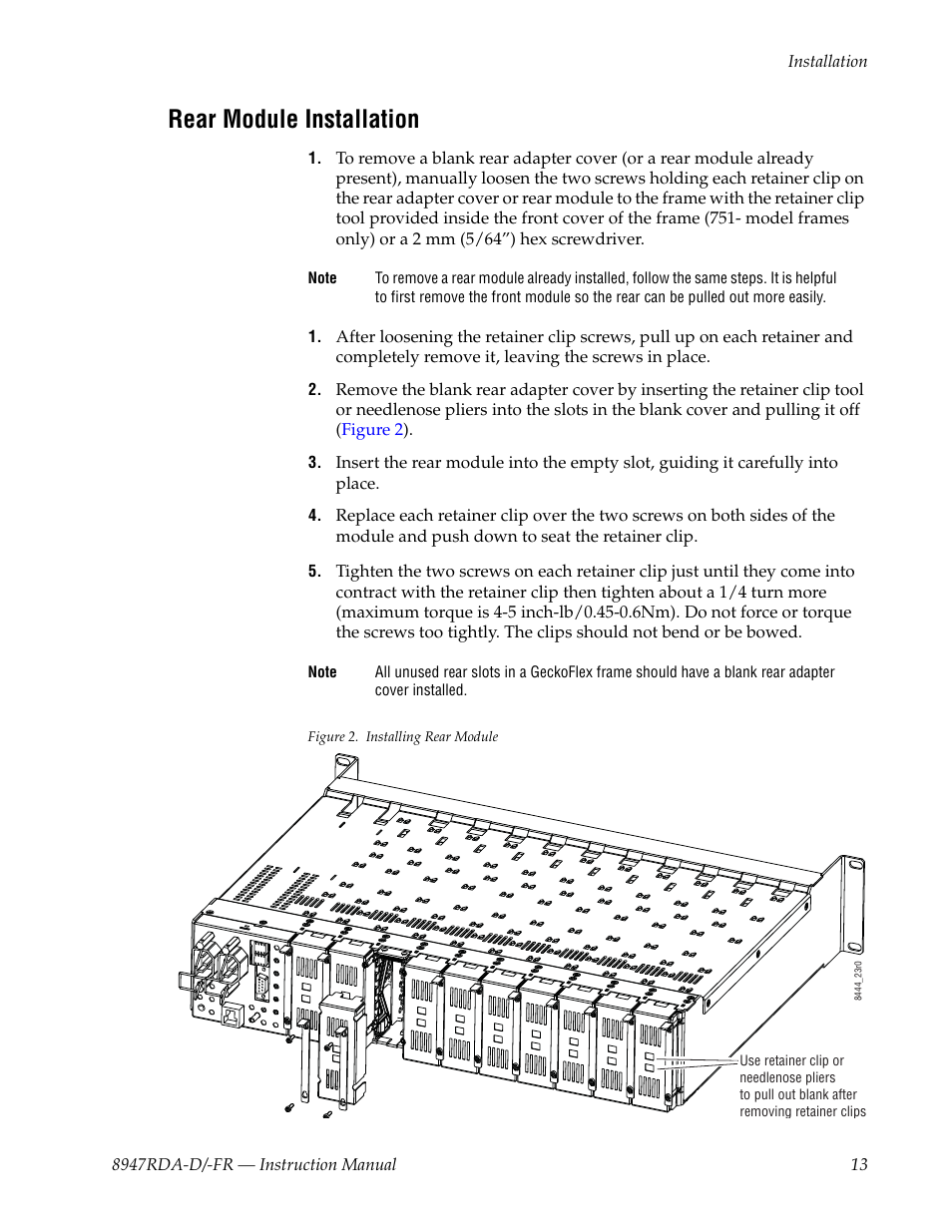 Rear module installation | Grass Valley 8947RDA-D User Manual | Page 13 / 62