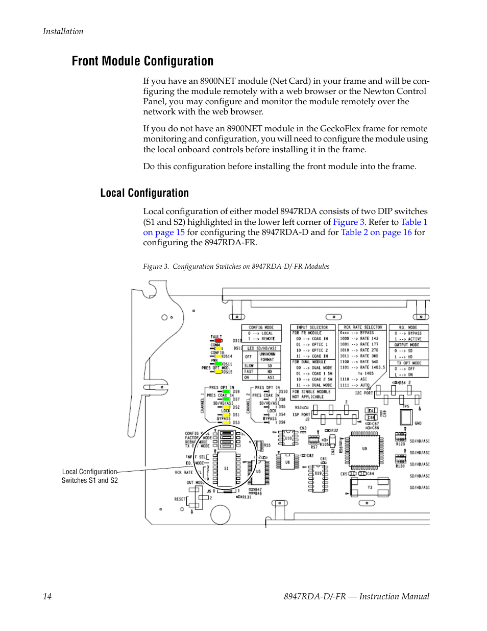 Front module configuration, Local configuration | Grass Valley 8947RDA-D User Manual | Page 14 / 62