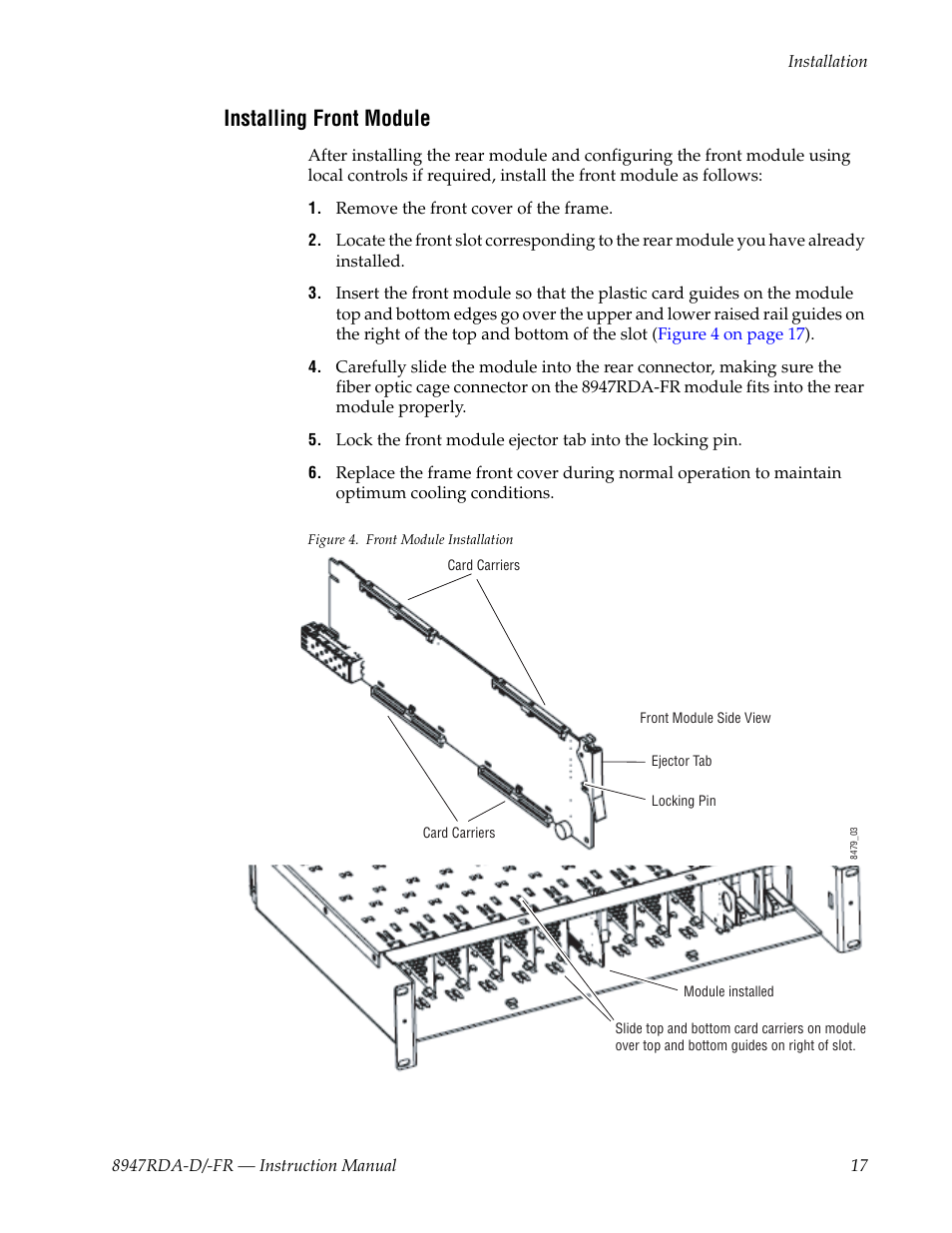 Installing front module | Grass Valley 8947RDA-D User Manual | Page 17 / 62