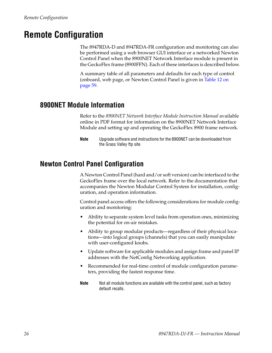 Remote configuration, 8900net module information, Newton control panel configuration | Grass Valley 8947RDA-D User Manual | Page 26 / 62