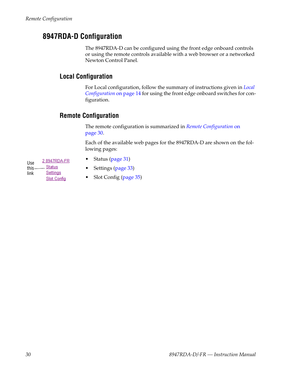 8947rda-d configuration, Local configuration, Remote configuration | Grass Valley 8947RDA-D User Manual | Page 30 / 62