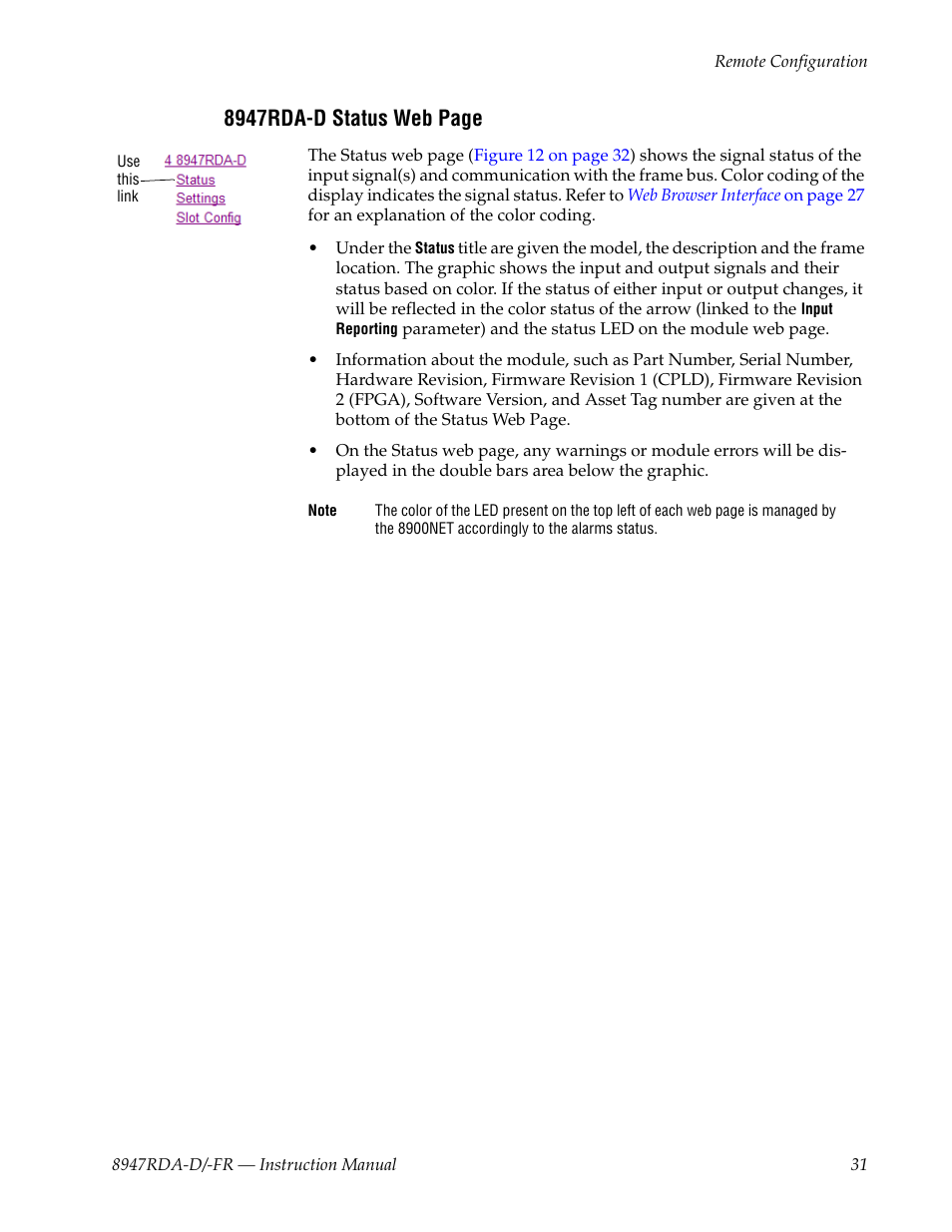 8947rda-d status web page | Grass Valley 8947RDA-D User Manual | Page 31 / 62