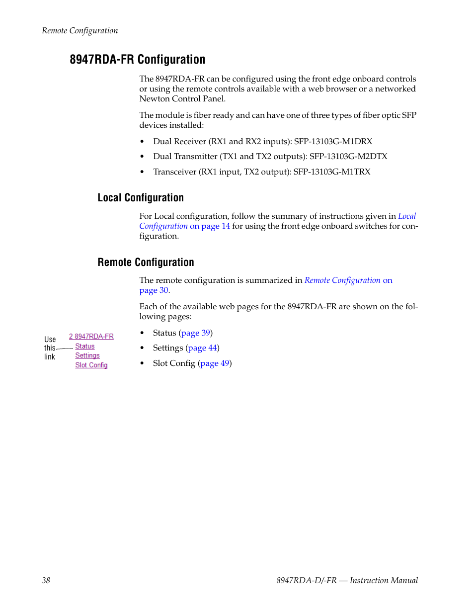 8947rda-fr configuration, Local configuration, Remote configuration | Grass Valley 8947RDA-D User Manual | Page 38 / 62