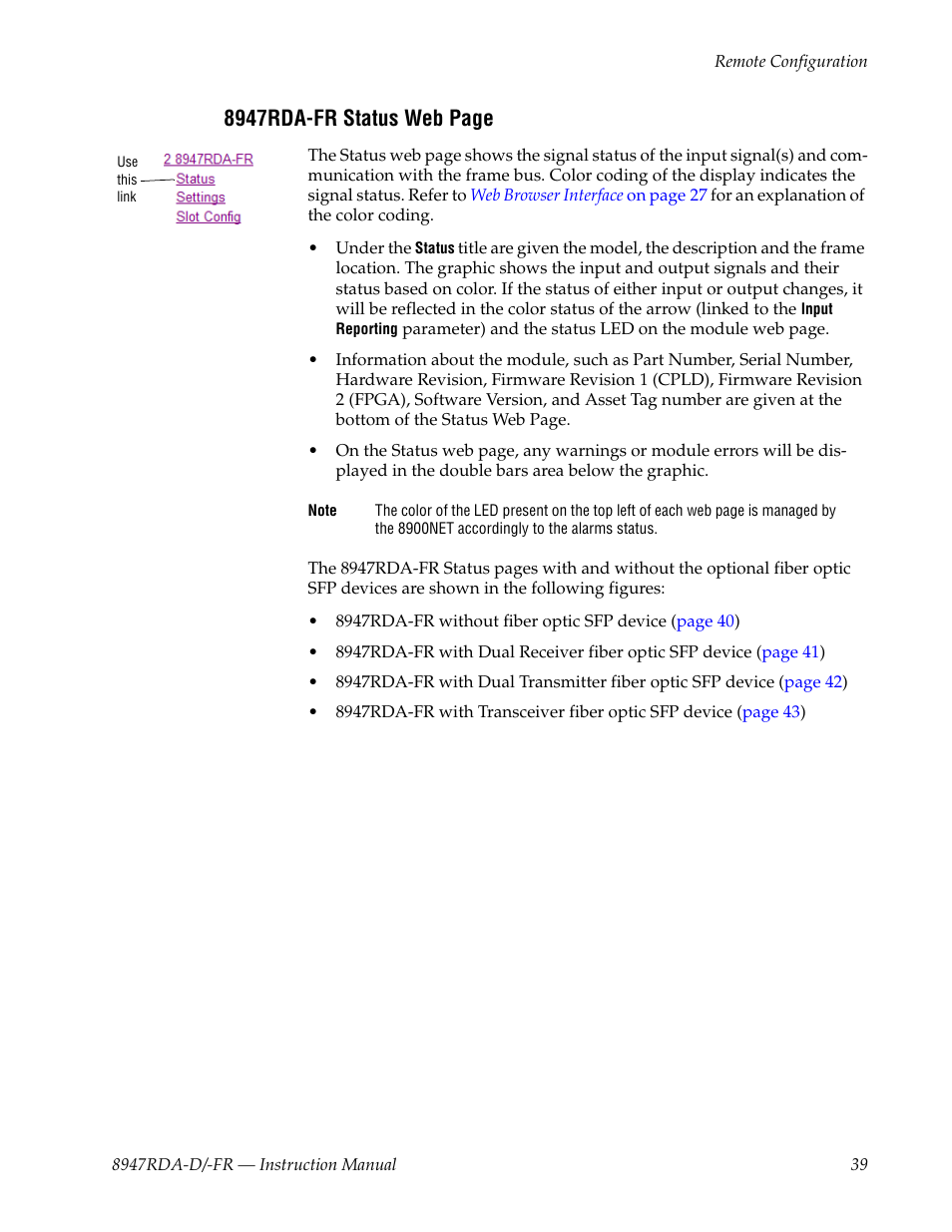 8947rda-fr status web page | Grass Valley 8947RDA-D User Manual | Page 39 / 62