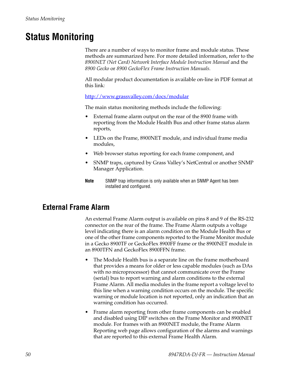 Status monitoring, External frame alarm | Grass Valley 8947RDA-D User Manual | Page 50 / 62