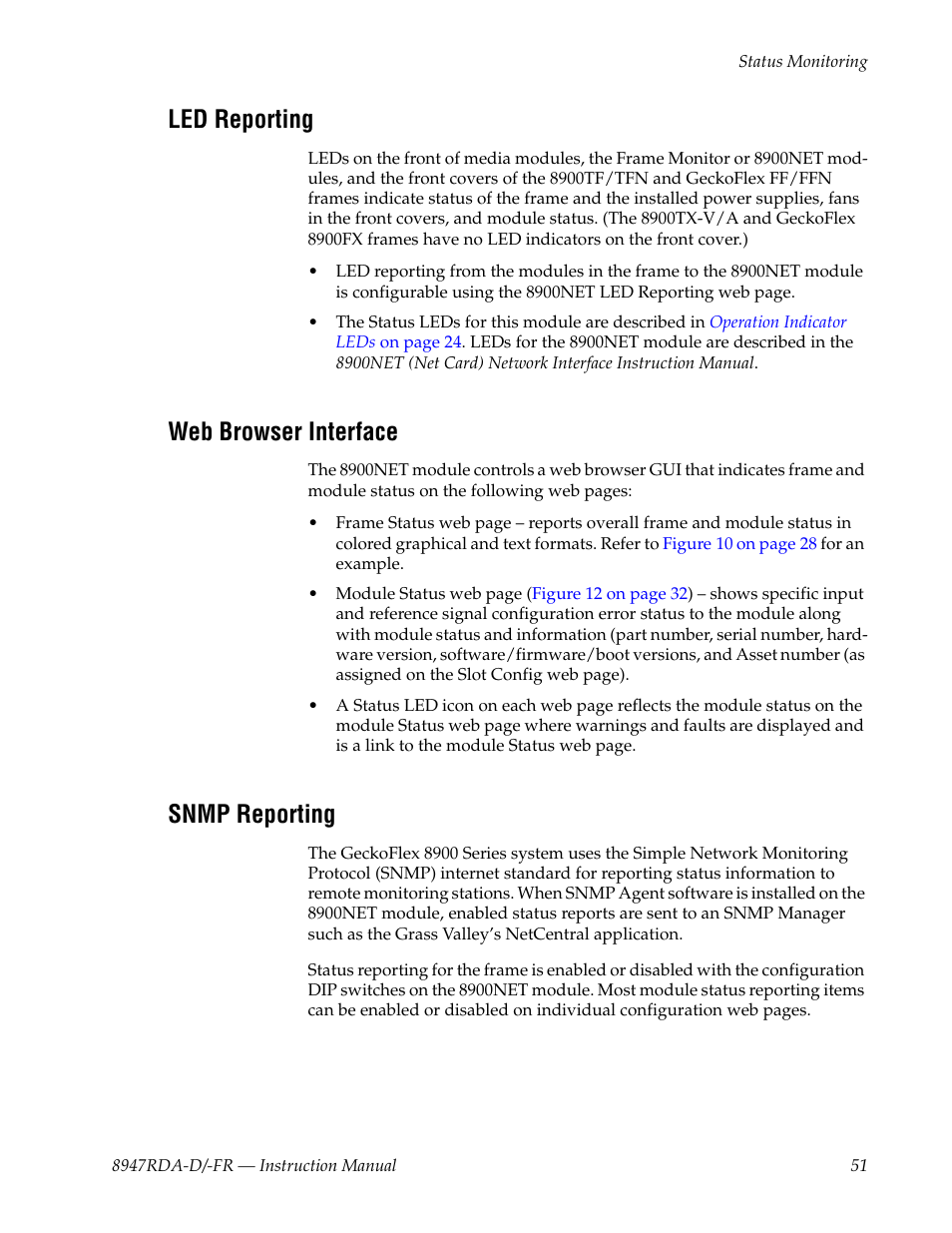 Led reporting, Web browser interface, Snmp reporting | Grass Valley 8947RDA-D User Manual | Page 51 / 62