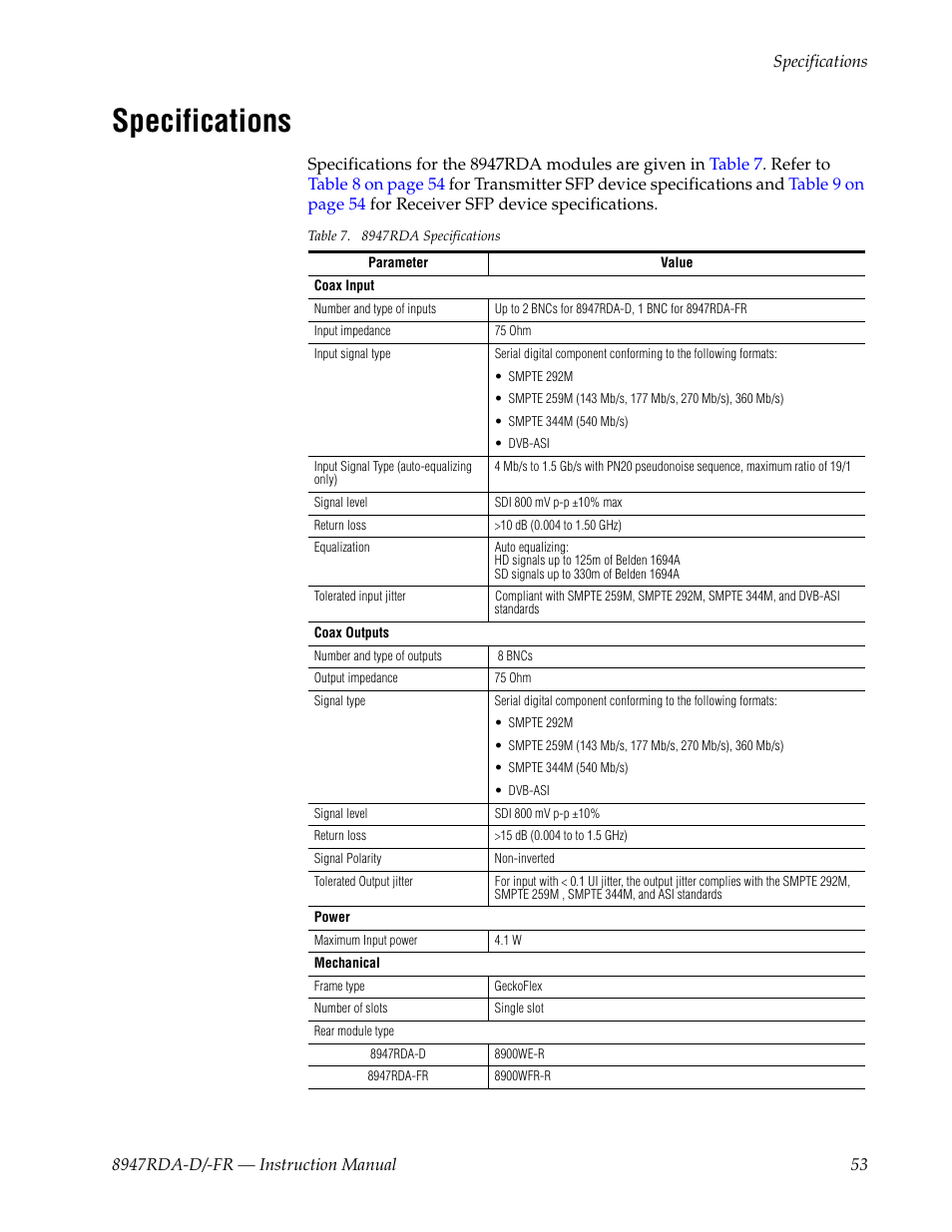 Specifications, Given in, Table 7 on | Ons in | Grass Valley 8947RDA-D User Manual | Page 53 / 62