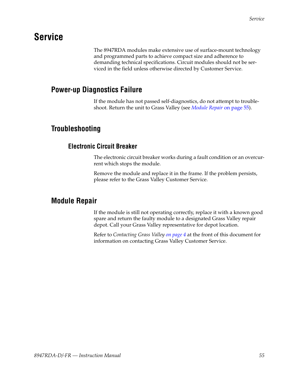 Service, Power-up diagnostics failure, Troubleshooting | Electronic circuit breaker, Module repair | Grass Valley 8947RDA-D User Manual | Page 55 / 62