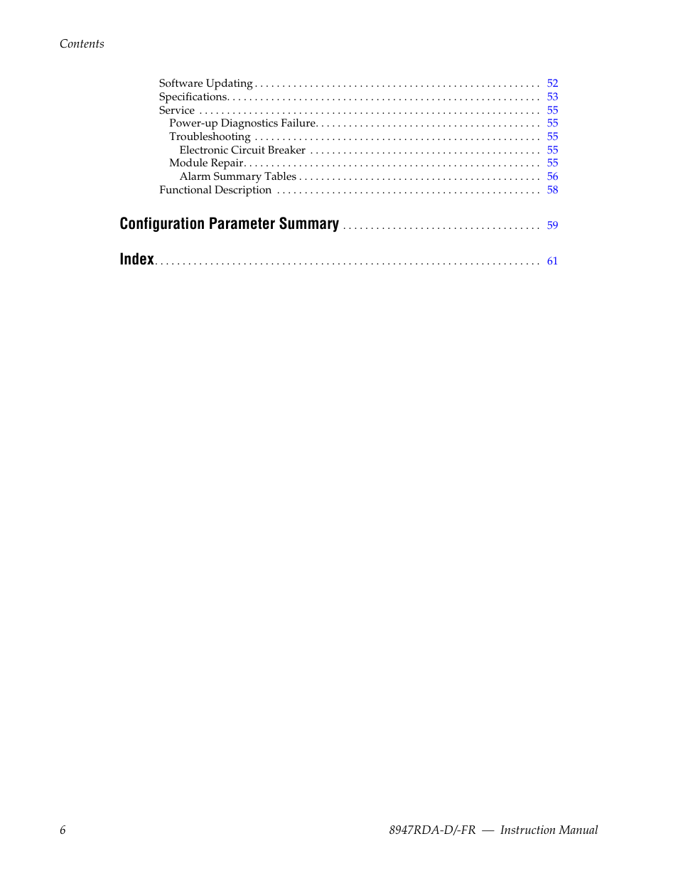 Configuration parameter summary, Index | Grass Valley 8947RDA-D User Manual | Page 6 / 62