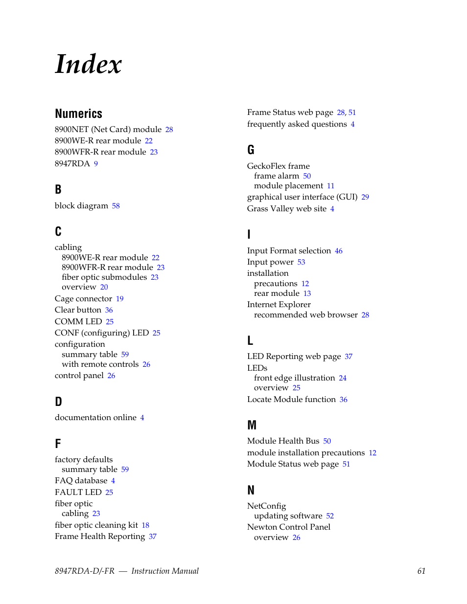 Index, Numerics | Grass Valley 8947RDA-D User Manual | Page 61 / 62