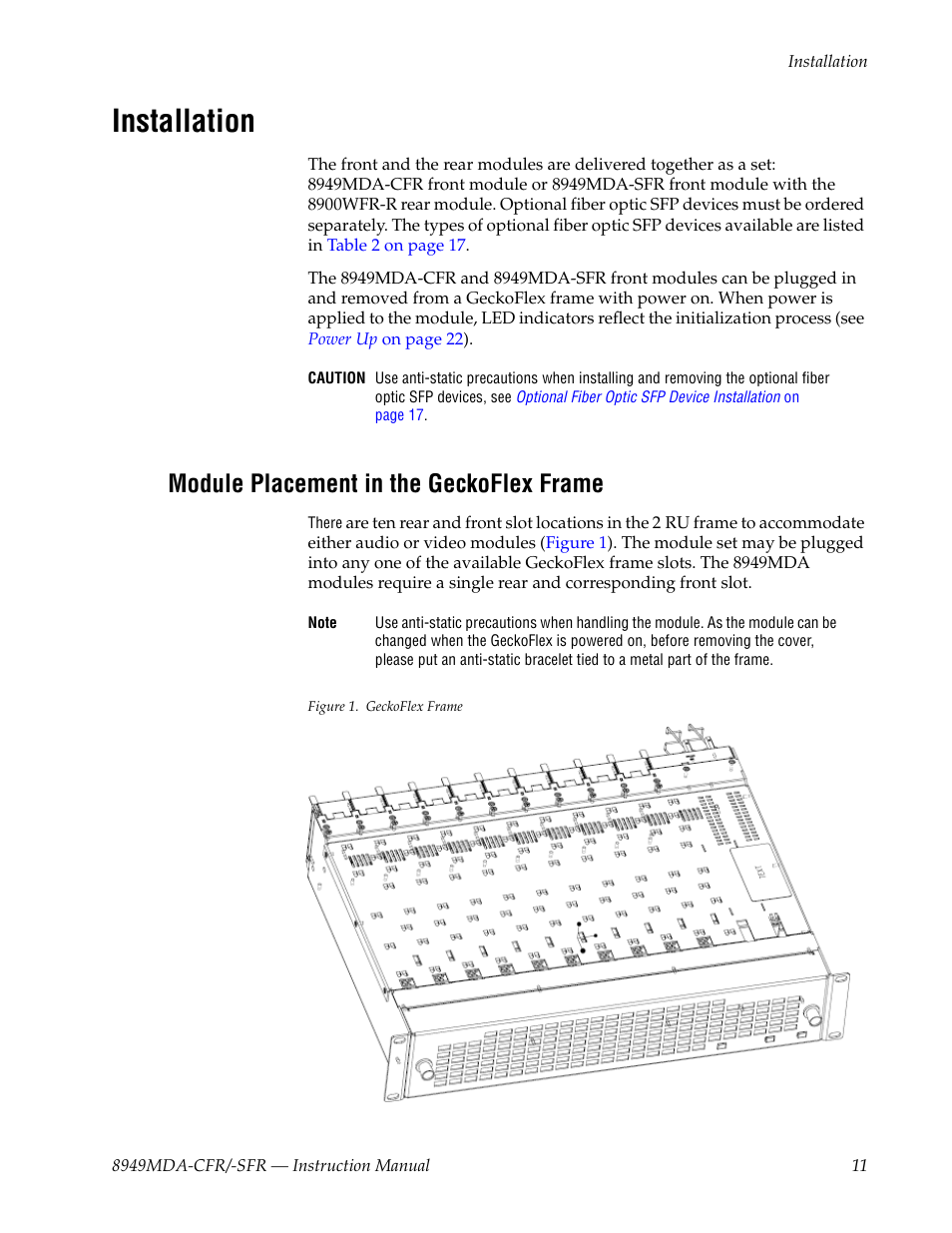 Installation, Module placement in the geckoflex frame | Grass Valley 8949MDA-CFR v.2.6.0 User Manual | Page 11 / 54