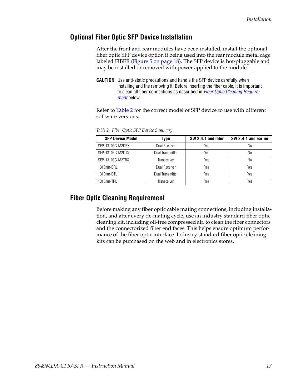 Optional fiber optic sfp device installation, Fiber optic cleaning requirement, Optional fiber optic sfp device installation on | Fiber optic cleaning | Grass Valley 8949MDA-CFR v.2.6.0 User Manual | Page 17 / 54