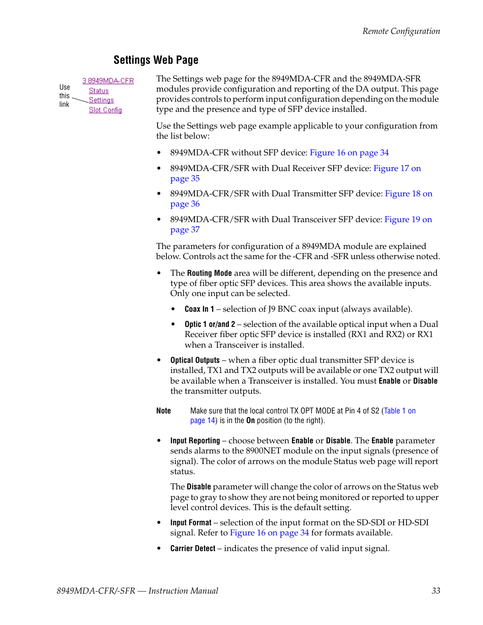 Fiber, Settings web page | Grass Valley 8949MDA-CFR v.2.6.0 User Manual | Page 33 / 54
