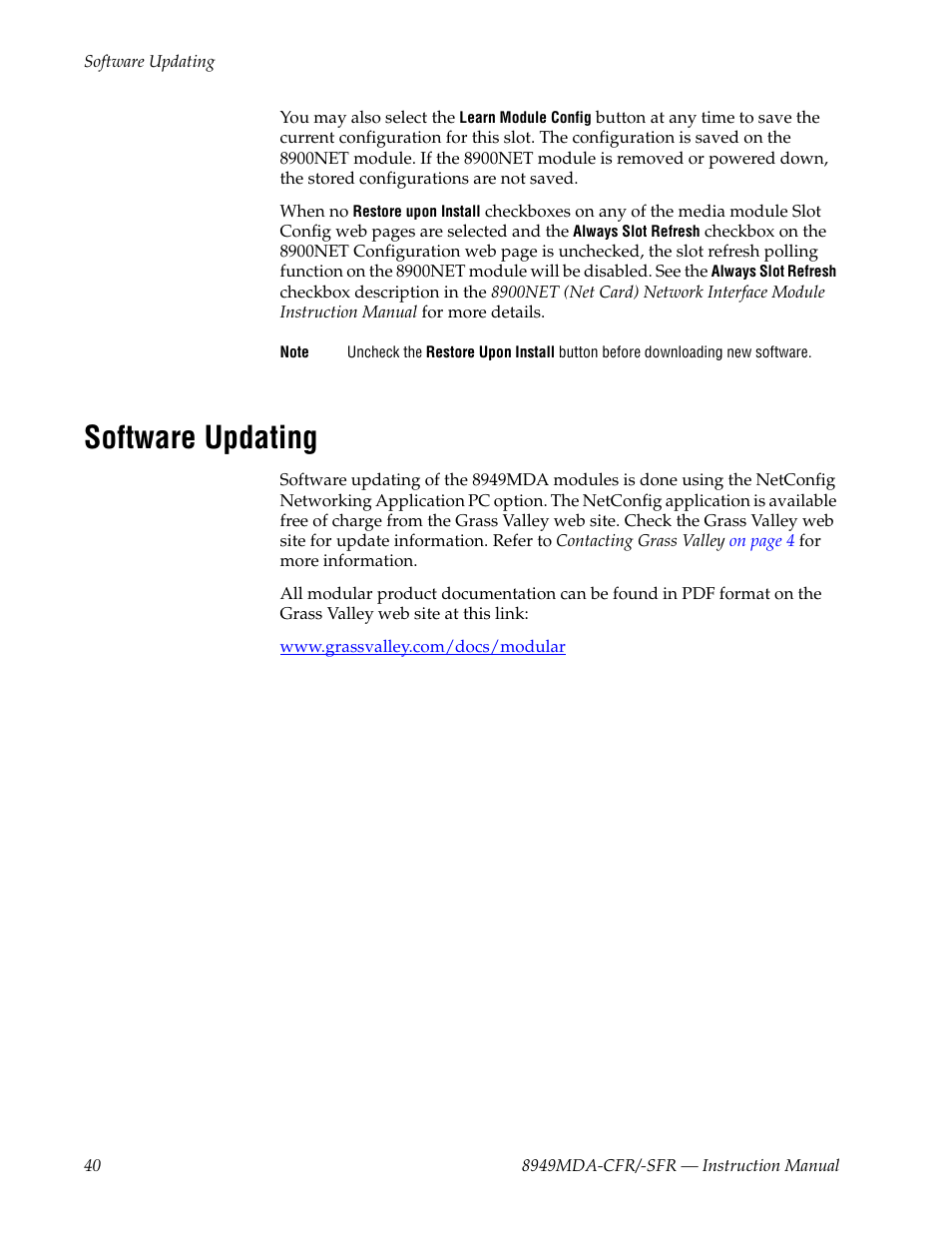 Software updating | Grass Valley 8949MDA-CFR v.2.6.0 User Manual | Page 40 / 54