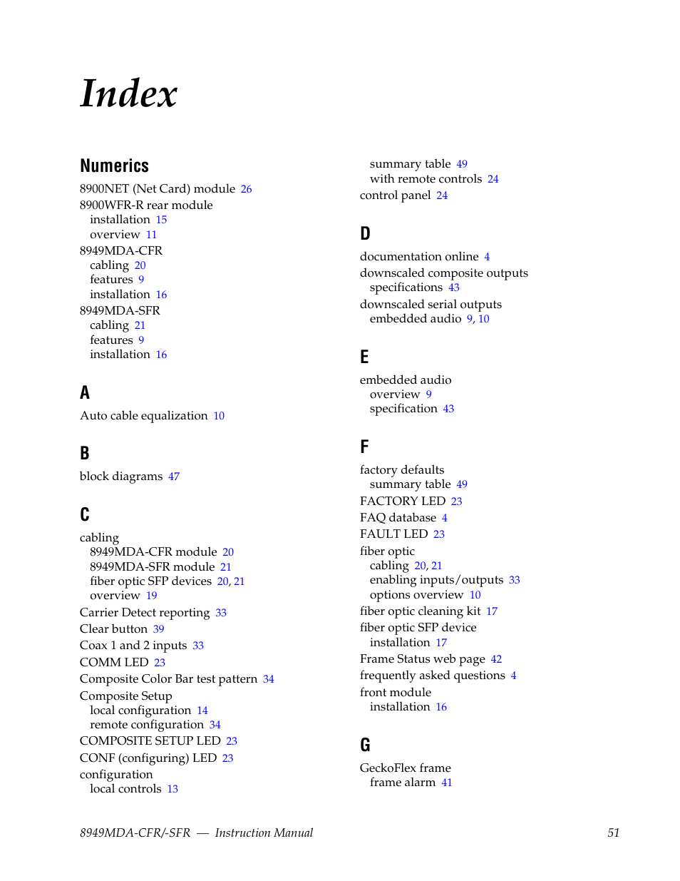 Index, Numerics | Grass Valley 8949MDA-CFR v.2.6.0 User Manual | Page 51 / 54