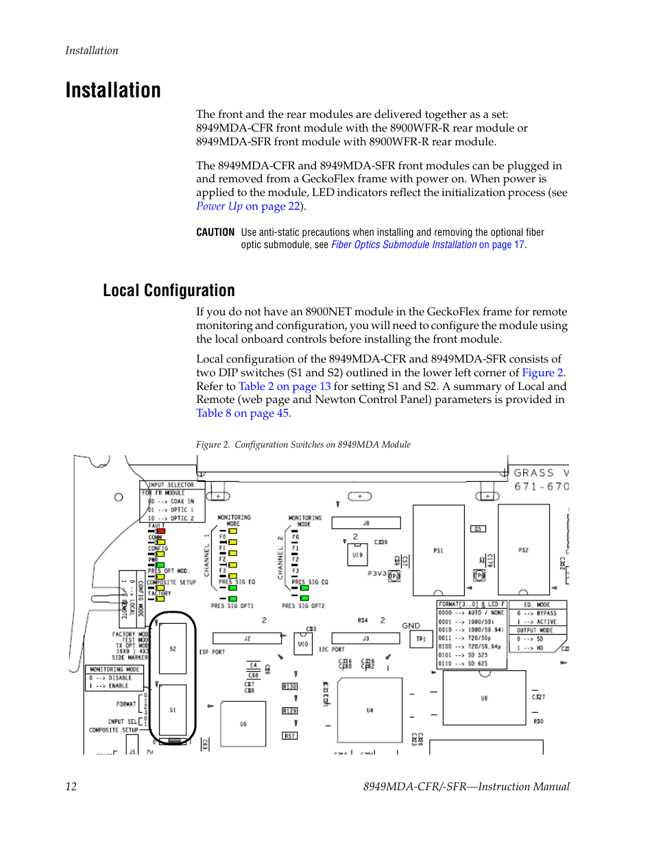 Installation, Local configuration | Grass Valley 8949MDA-CFR v.1.1.X User Manual | Page 12 / 50