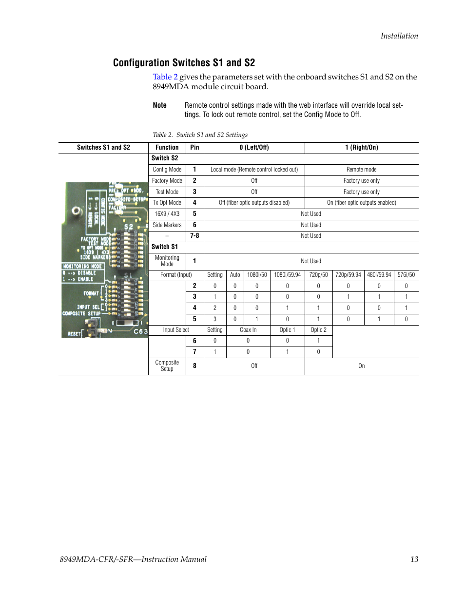 Configuration switches s1 and s2, Refer to, For s | Grass Valley 8949MDA-CFR v.1.1.X User Manual | Page 13 / 50
