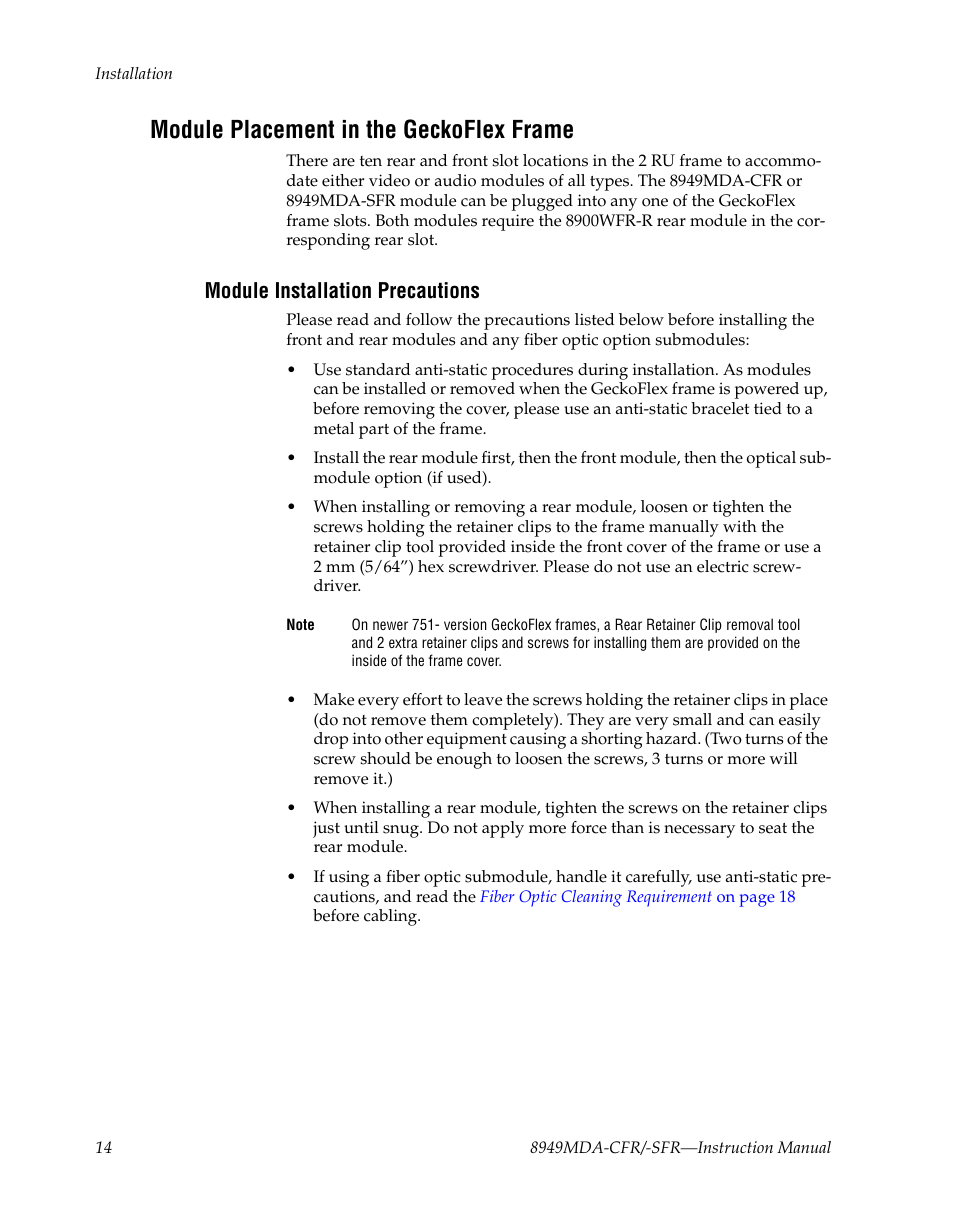 Module placement in the geckoflex frame, Module installation precautions | Grass Valley 8949MDA-CFR v.1.1.X User Manual | Page 14 / 50