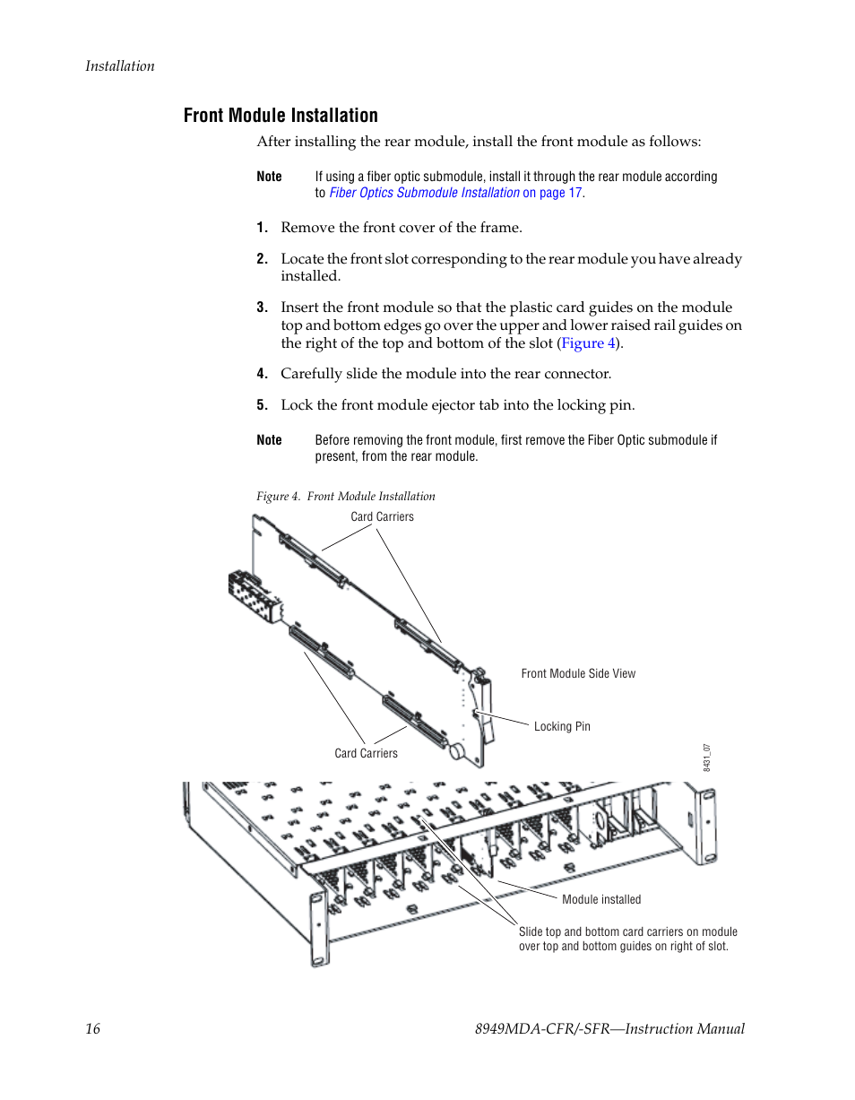 Front module installation | Grass Valley 8949MDA-CFR v.1.1.X User Manual | Page 16 / 50