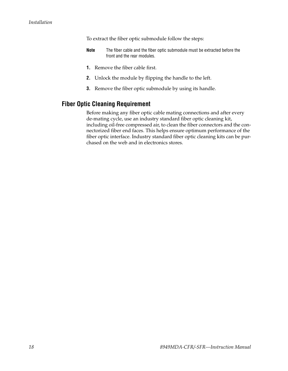 Fiber optic cleaning requirement | Grass Valley 8949MDA-CFR v.1.1.X User Manual | Page 18 / 50