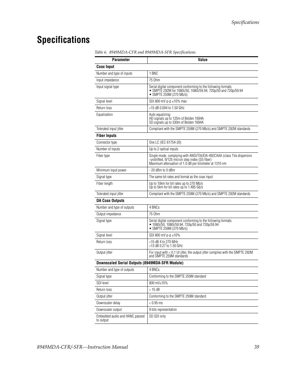 Specifications, Ations in | Grass Valley 8949MDA-CFR v.1.1.X User Manual | Page 39 / 50