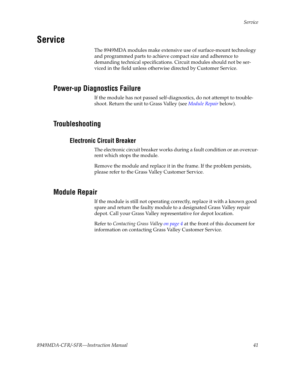 Service, Power-up diagnostics failure, Troubleshooting | Electronic circuit breaker, Module repair | Grass Valley 8949MDA-CFR v.1.1.X User Manual | Page 41 / 50