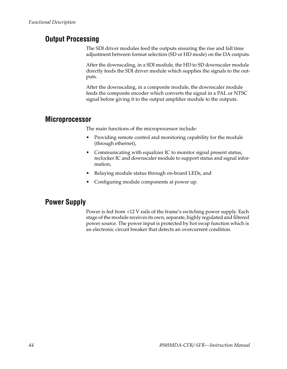 Output processing, Microprocessor, Power supply | Grass Valley 8949MDA-CFR v.1.1.X User Manual | Page 44 / 50