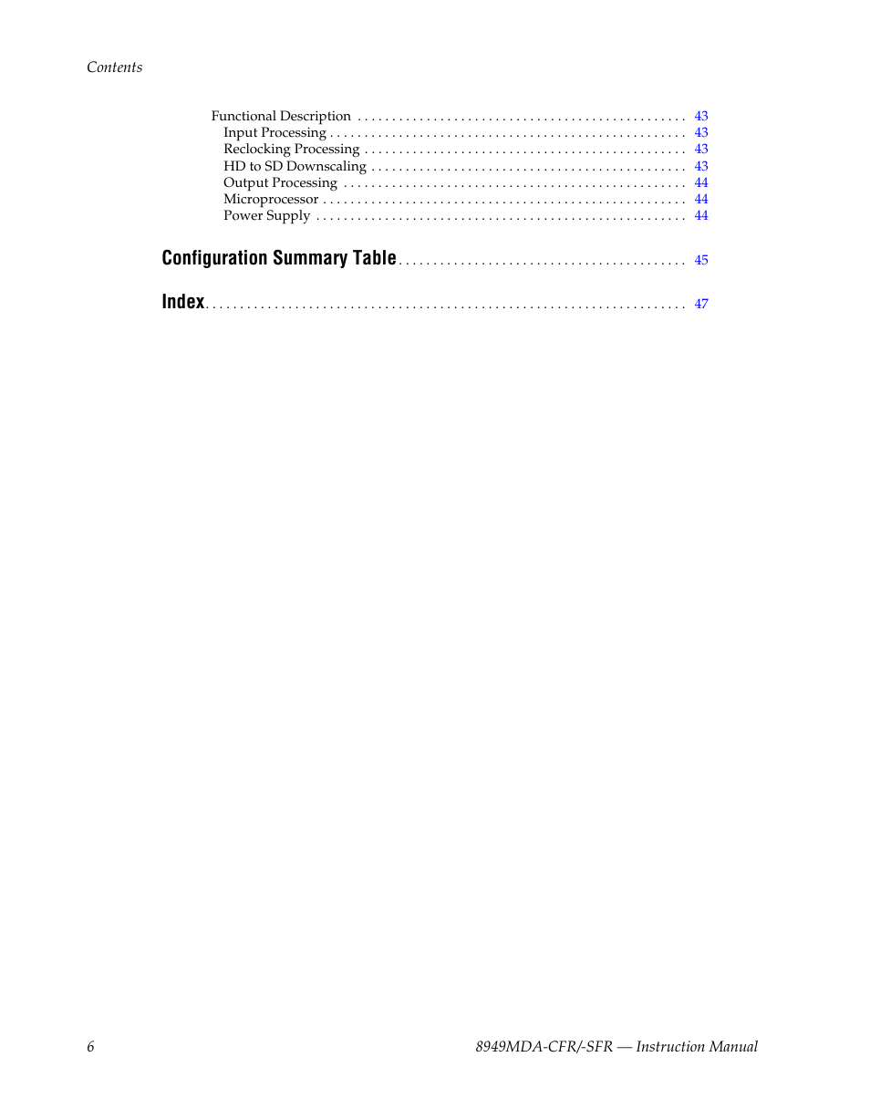 Configuration summary table, Index | Grass Valley 8949MDA-CFR v.1.1.X User Manual | Page 6 / 50