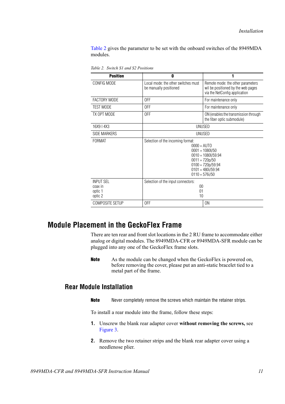 Module placement in the geckoflex frame, Rear module installation | Grass Valley 8949MDA-CFR v.1.0.X User Manual | Page 11 / 34