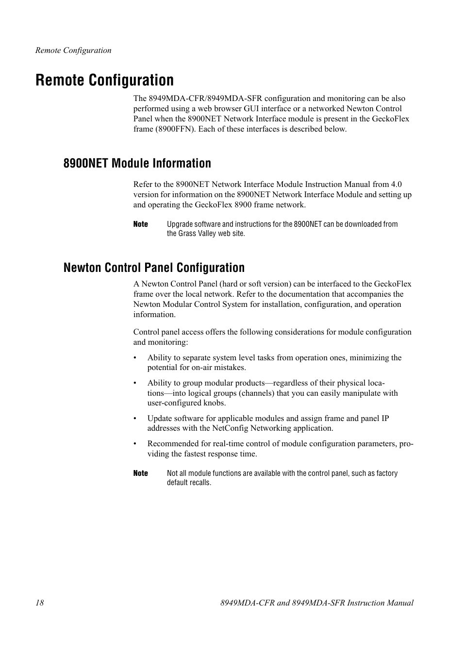 Remote configuration, 8900net module information, Newton control panel configuration | Grass Valley 8949MDA-CFR v.1.0.X User Manual | Page 18 / 34