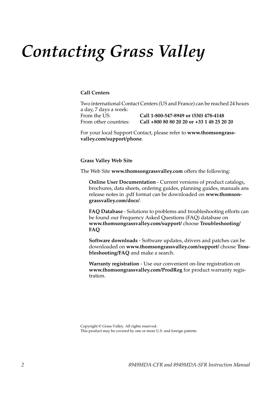Contacting grass valley | Grass Valley 8949MDA-CFR v.1.0.X User Manual | Page 2 / 34