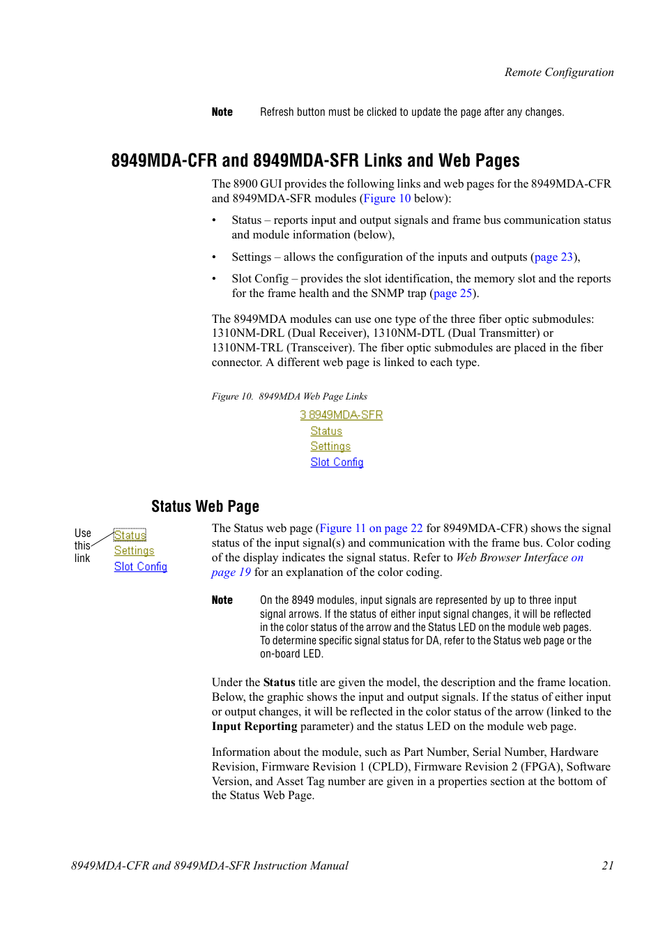 Status web page | Grass Valley 8949MDA-CFR v.1.0.X User Manual | Page 21 / 34
