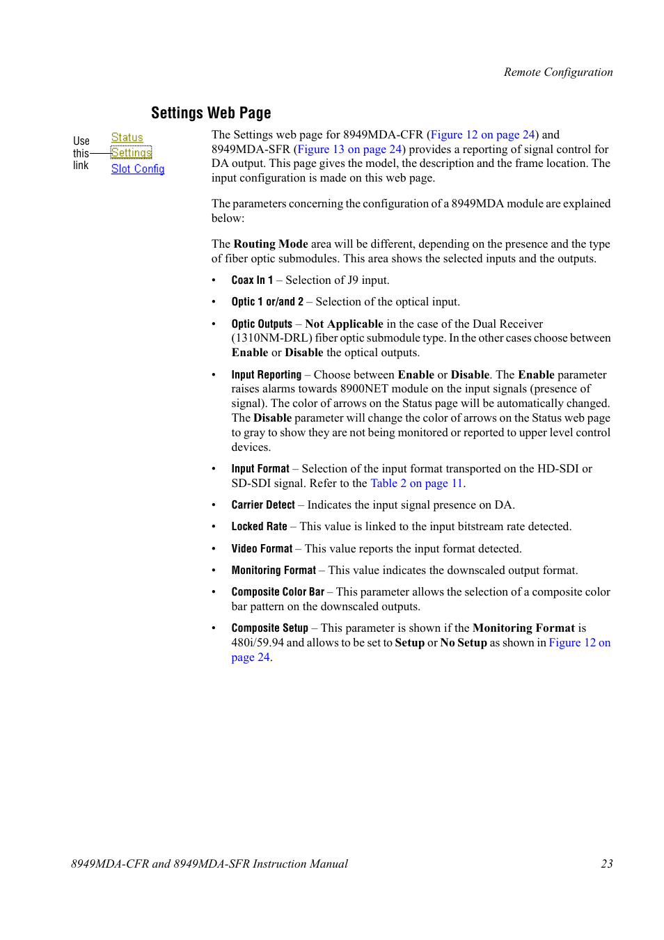 And outputs, Settings web page | Grass Valley 8949MDA-CFR v.1.0.X User Manual | Page 23 / 34