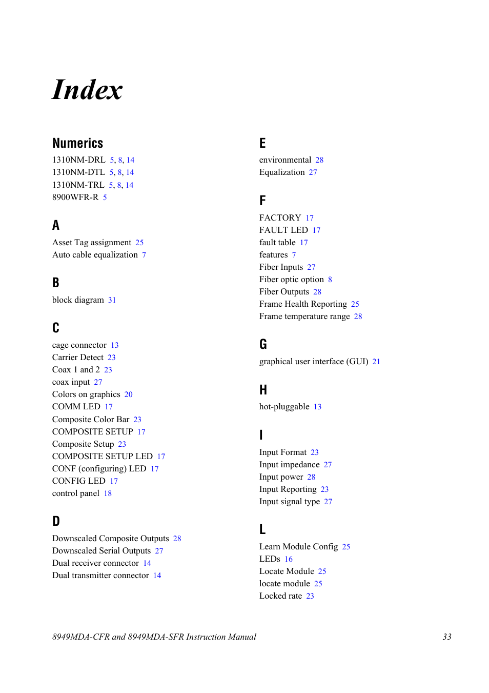 Index, Numerics | Grass Valley 8949MDA-CFR v.1.0.X User Manual | Page 33 / 34