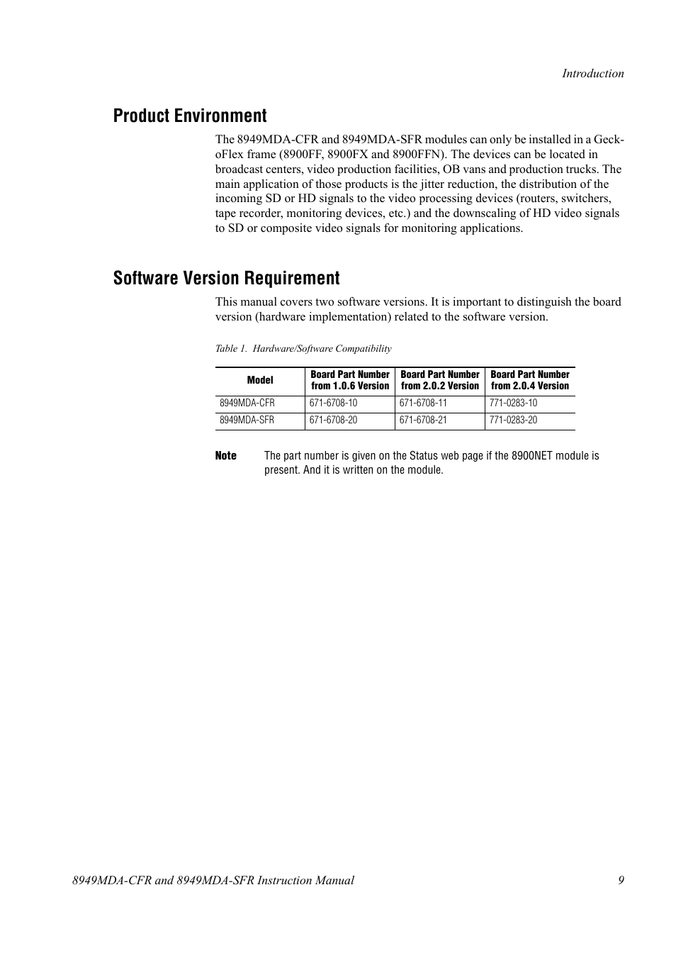 Product environment, Software version requirement | Grass Valley 8949MDA-CFR v.1.0.X User Manual | Page 9 / 34