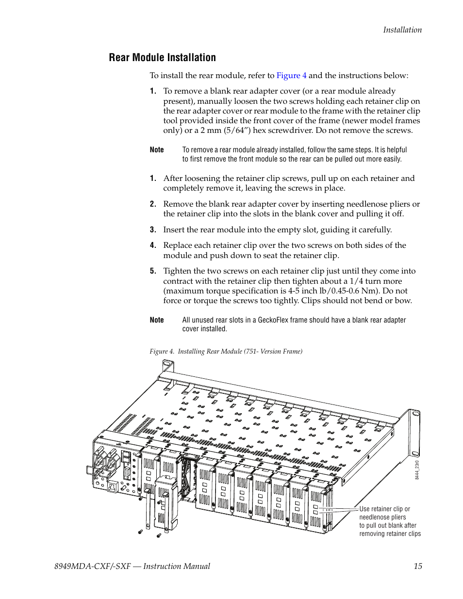 Rear module installation | Grass Valley 8949MDA-CXF User Manual | Page 15 / 62