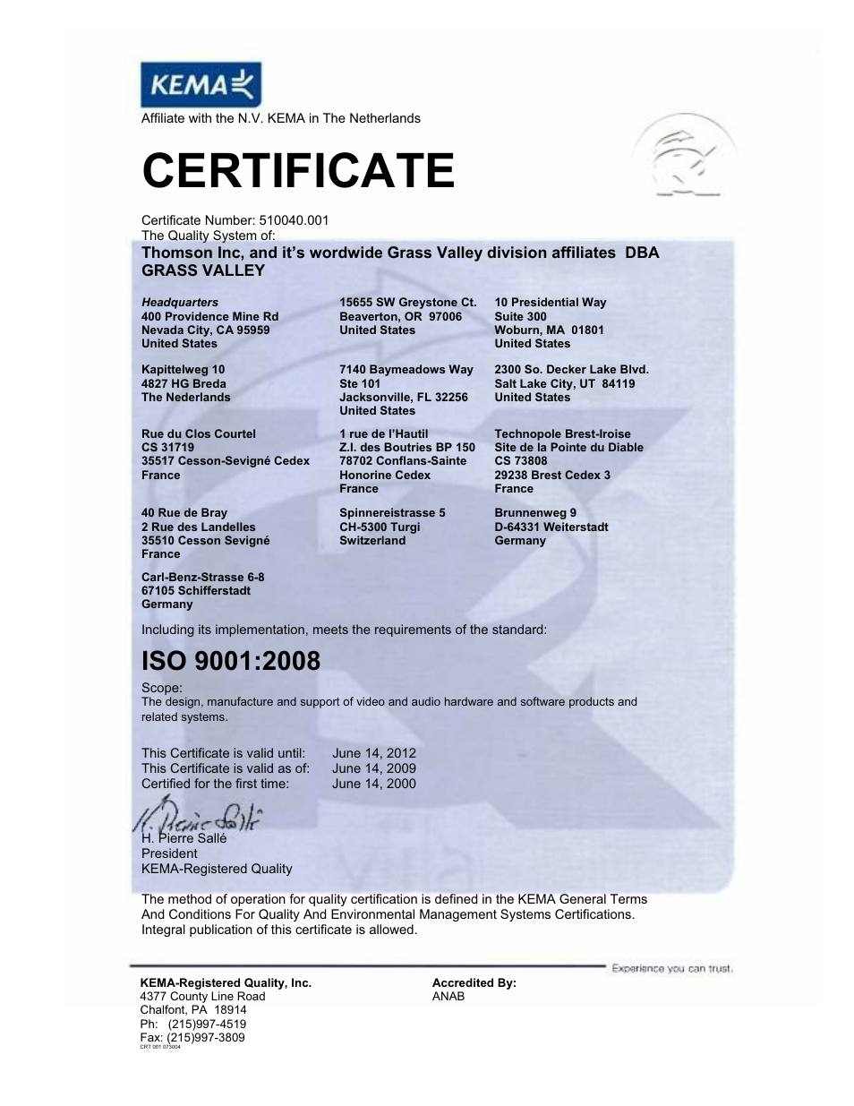 Certificate | Grass Valley 8949MDA-CXF User Manual | Page 2 / 62