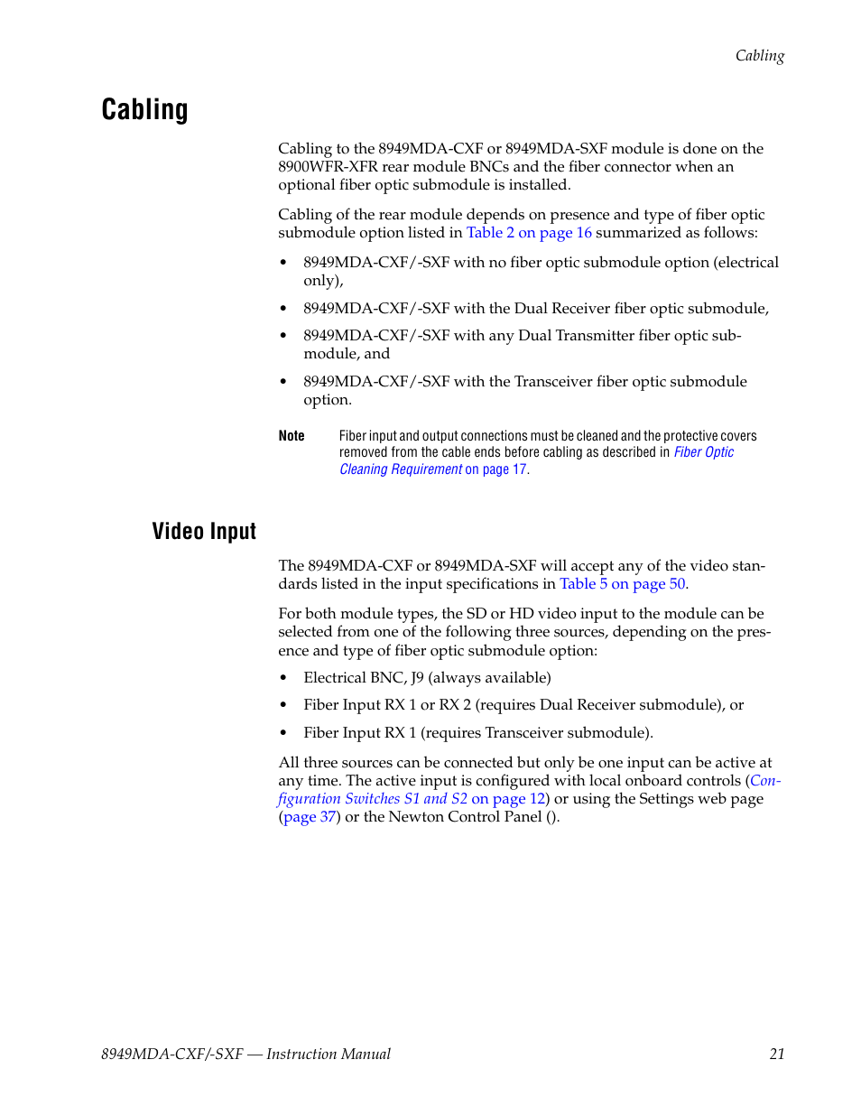 Cabling, Video input | Grass Valley 8949MDA-CXF User Manual | Page 21 / 62