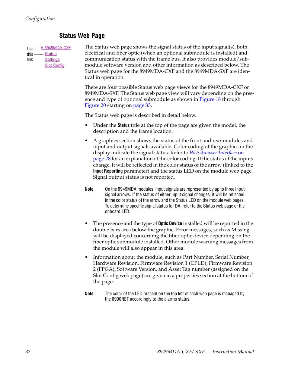 Fer to, And module information, Status web page | Grass Valley 8949MDA-CXF User Manual | Page 32 / 62