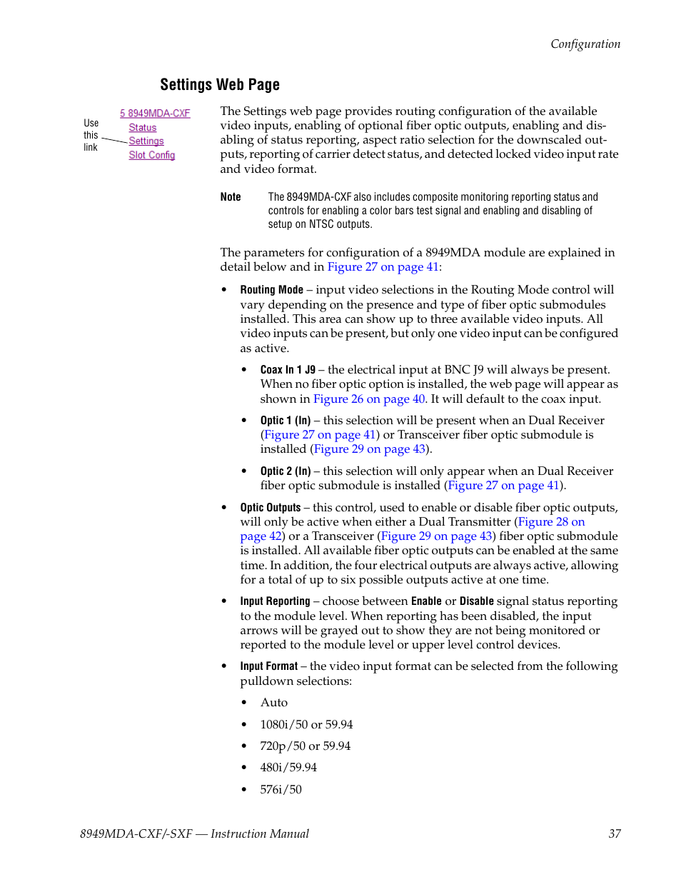 Or the, Only), Settings web page | Grass Valley 8949MDA-CXF User Manual | Page 37 / 62