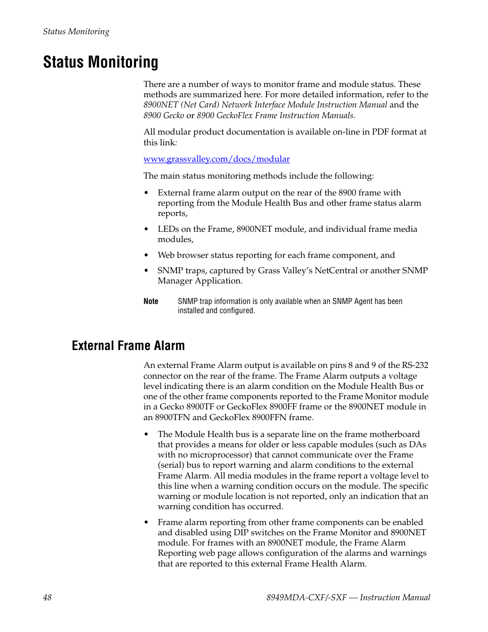 Status monitoring, External frame alarm | Grass Valley 8949MDA-CXF User Manual | Page 48 / 62