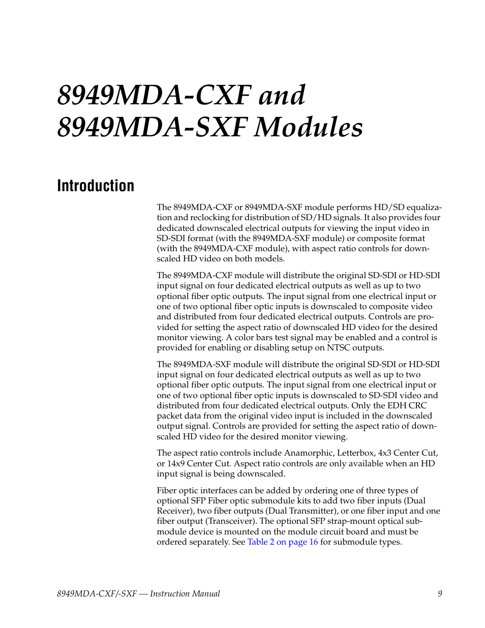 8949mda-cxf and 8949mda-sxf modules, Introduction | Grass Valley 8949MDA-CXF User Manual | Page 9 / 62